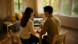 Couple reviewing their home value estimate on a laptop inside their living room.