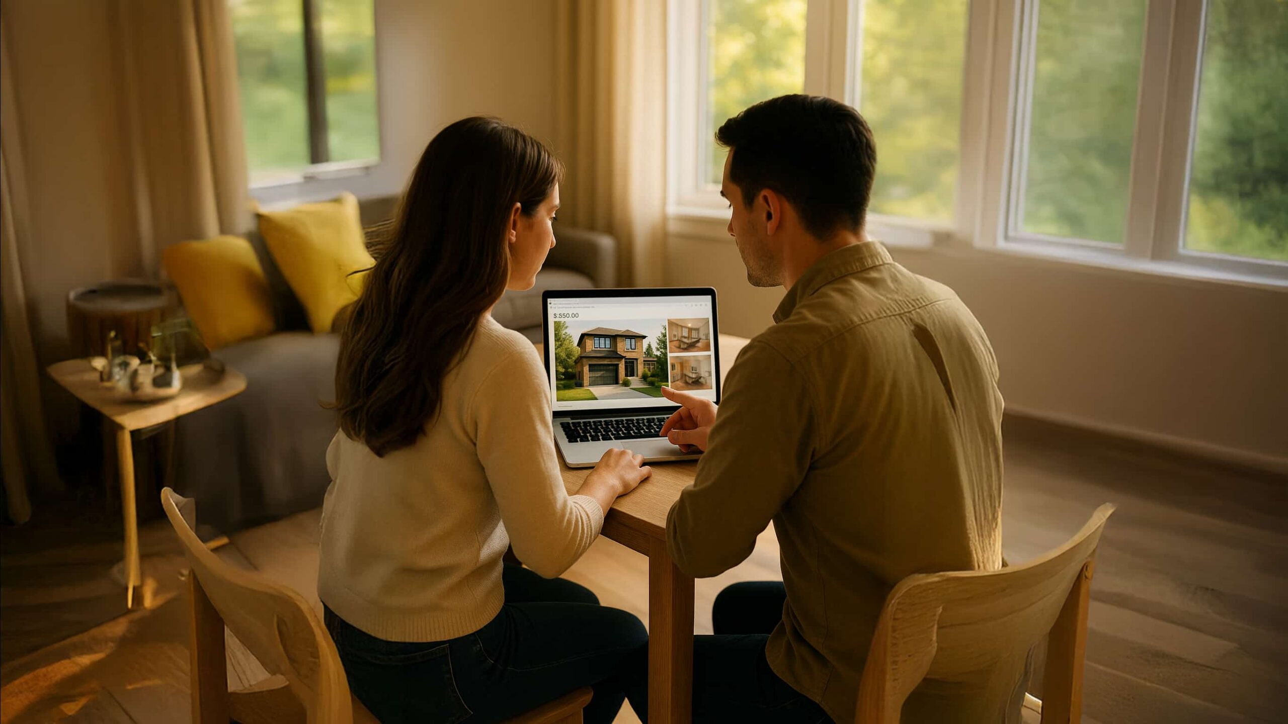 Couple reviewing their home value estimate on a laptop inside their living room.
