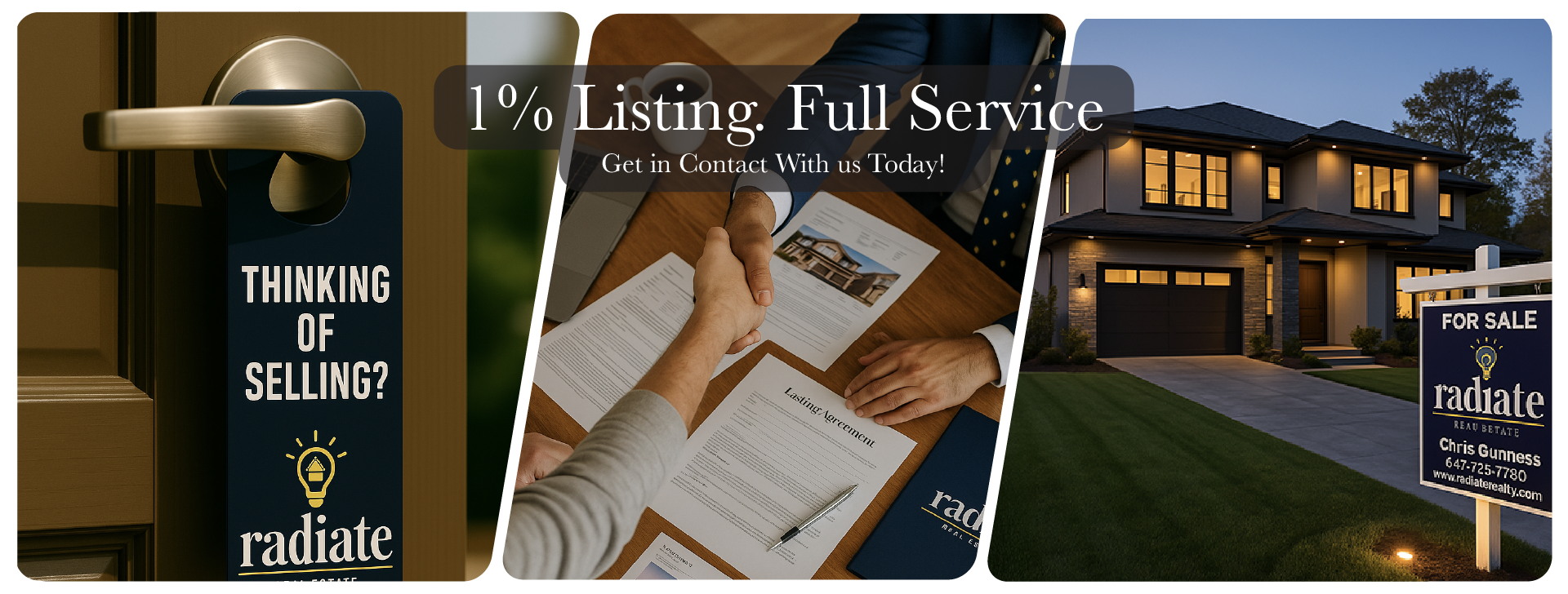 Collage of Radiate Real Estate’s 1% Listing Program — featuring door hanger, handshake over listing agreement, and For Sale sign at a modern home.