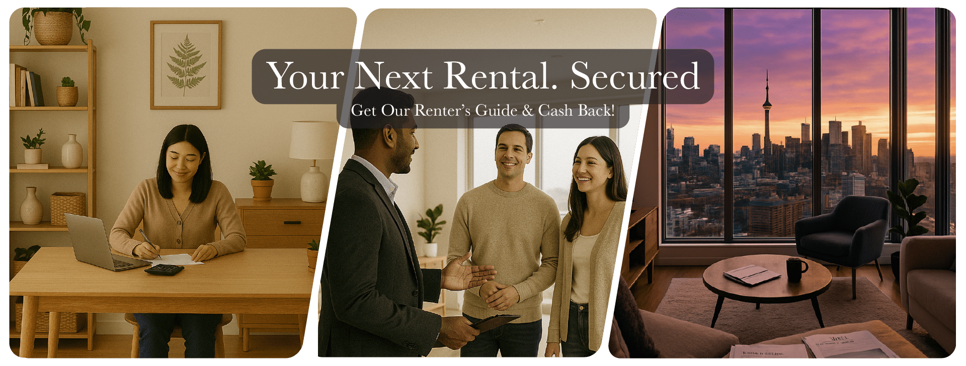 Modern collage featuring a renter budgeting, a couple meeting their real estate agent, and a luxury Toronto condo view — Radiate Real Estate Renters Page hero banner.