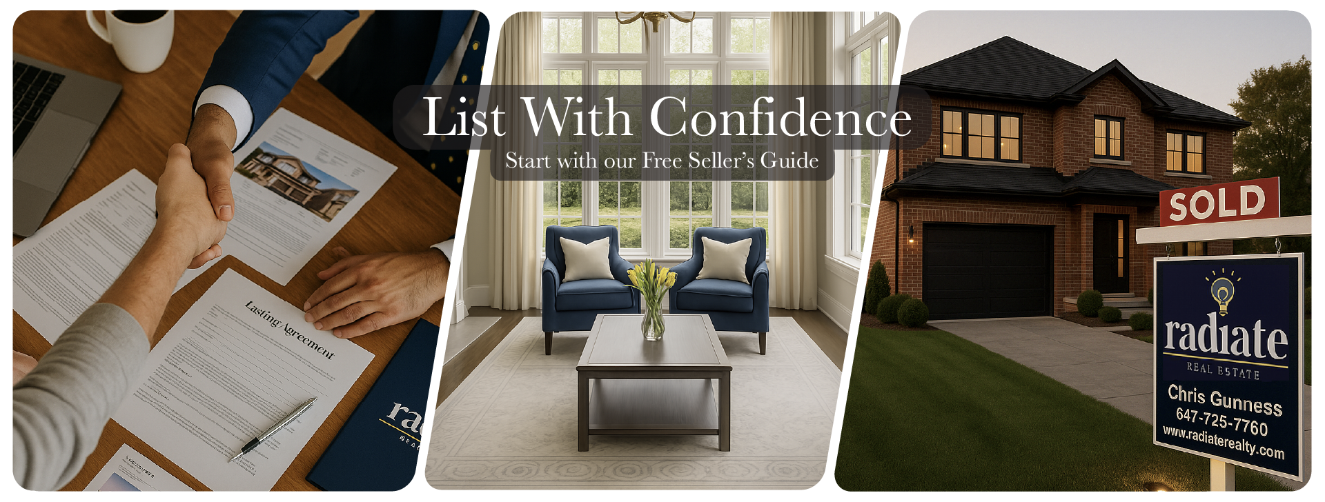 Radiate Real Estate Seller’s Page hero banner with images of home selling, staging, and sold property—text reads ‘List With Confidence, Start with our Free Seller’s Guide