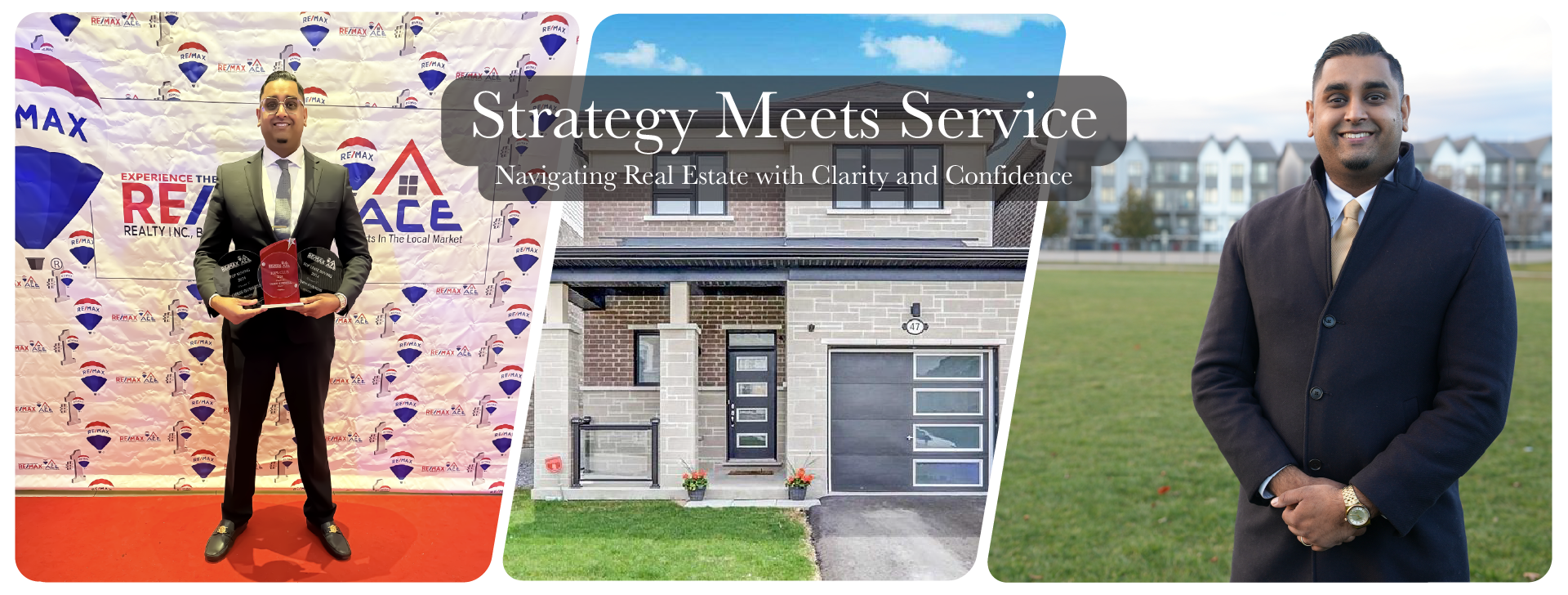 Collage featuring real estate awards, a modern GTA home, and a professional portrait — Radiate Real Estate About Us hero banner.